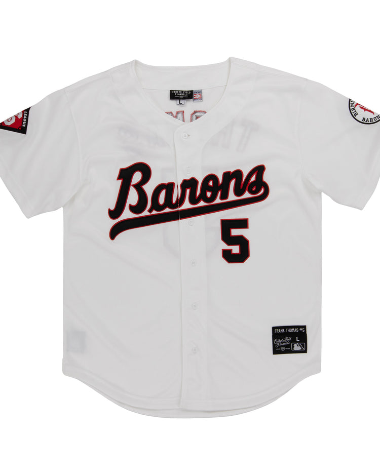 The Birmingham Barons EFF MiLB Button Down Jersey by EFF features Barons in black script with a red outline, number 5, and team logo patches on both sleeves—a nod to Frank Thomas’s classic Southern League era style.