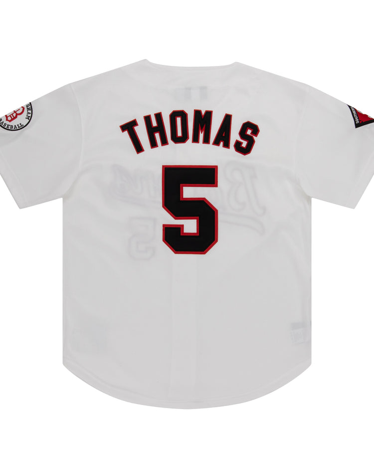The EFF Birmingham Barons MiLB Button Down Jersey is a vintage-style white jersey with THOMAS and number 5 in black with red trim on the back, plus two sleeve patches—honoring classic Southern League baseball style.