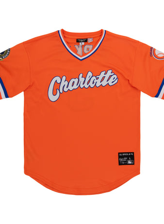 The Charlotte Orioles EFF MiLB Vintage V-Neck Baseball Jersey by EFF features a bright orange design with blue and white sleeve stripes, Charlotte script, and team patches—ideal for fans of the Charlotte Orioles or Cal Ripken Jr.