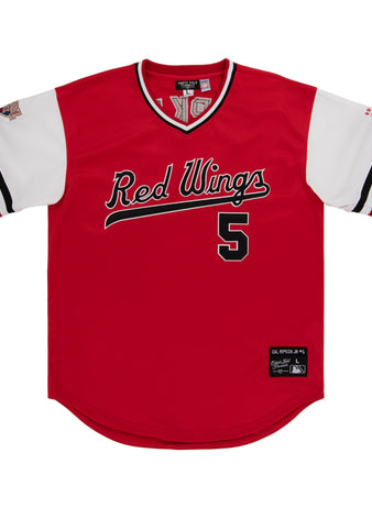 The EFF Rochester Red Wings EFF MiLB Vintage V-Neck Baseball Jersey features red and white colors, Rochester Red Wings script on the front, number 5 below, a left sleeve patch, and black & white trim on sleeves and collar.