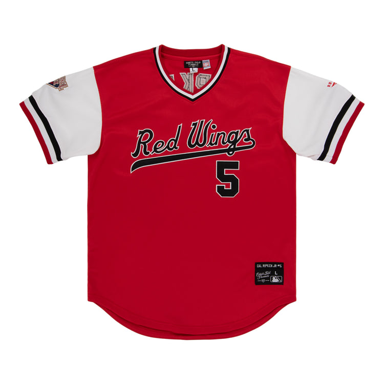 The EFF Rochester Red Wings EFF MiLB Vintage V-Neck Baseball Jersey features red and white colors, Rochester Red Wings script on the front, number 5 below, a left sleeve patch, and black & white trim on sleeves and collar.
