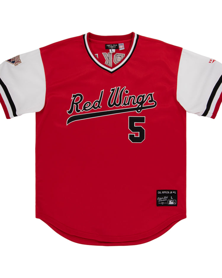 The EFF Rochester Red Wings EFF MiLB Vintage V-Neck Baseball Jersey features red and white colors, Rochester Red Wings script on the front, number 5 below, a left sleeve patch, and black & white trim on sleeves and collar.