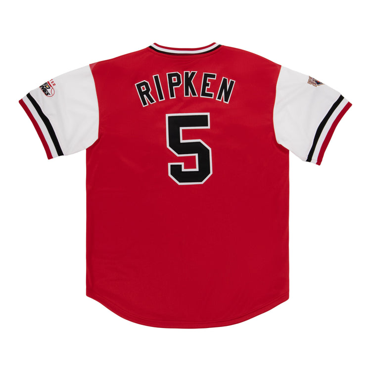The EFF Rochester Red Wings EFF MiLB Vintage V-Neck Baseball Jersey features a red and white design, RIPKEN and the number 5 on the back in black and white, plus authentic Rochester Red Wings patches on the sleeves.