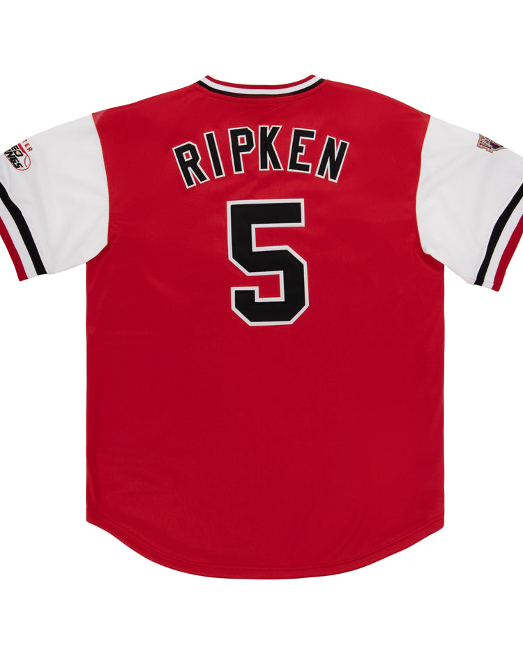 The EFF Rochester Red Wings EFF MiLB Vintage V-Neck Baseball Jersey features a red and white design, RIPKEN and the number 5 on the back in black and white, plus authentic Rochester Red Wings patches on the sleeves.