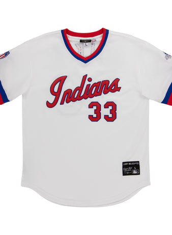 The EFF Indianapolis Indians Vintage V-Neck Jersey features Indians in red script, number 33, and tackle twill patches—ideal for any vintage Minor League collection and honoring Larry Walker.