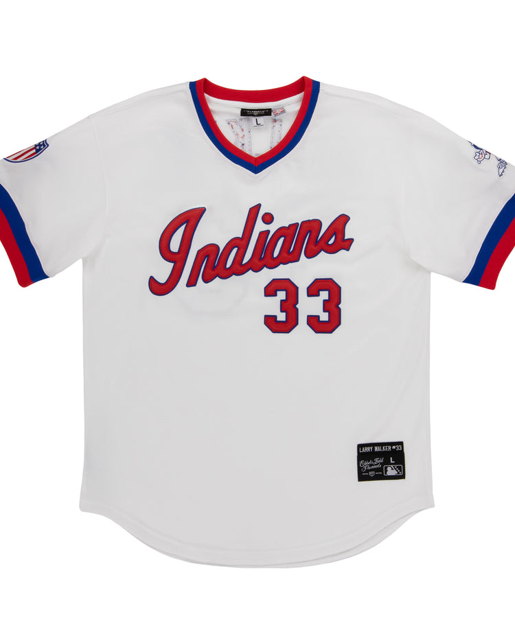 The EFF Indianapolis Indians Vintage V-Neck Jersey features Indians in red script, number 33, and tackle twill patches—ideal for any vintage Minor League collection and honoring Larry Walker.