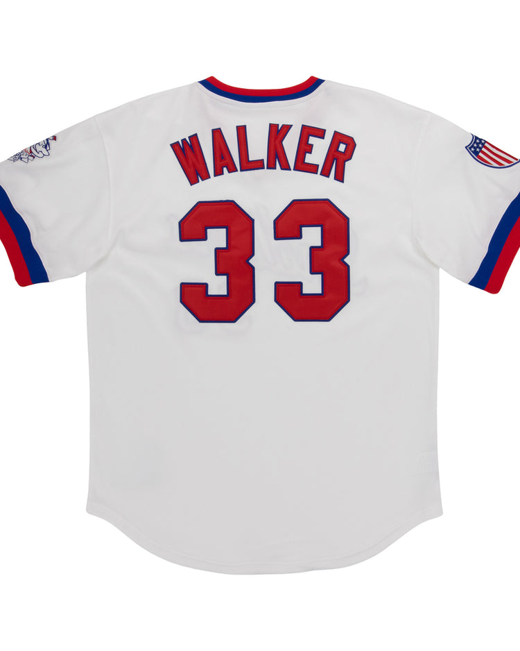 The EFF Indianapolis Indians Vintage V-Neck Baseball Jersey for Larry Walker features white with red/blue trim, WALKER and 33 in red on the back, plus tackle twill American flag and extra patch on the sleeves.