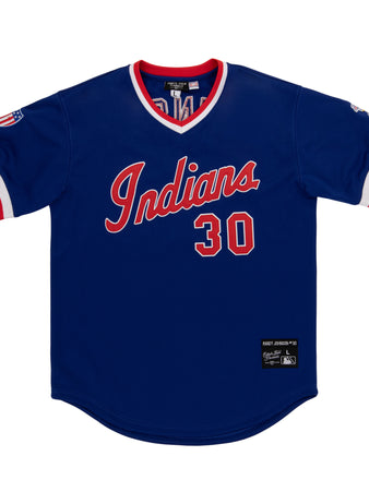 The EFF Indianapolis Indians EFF MiLB Vintage V-Neck Baseball Jersey - Randy Johnson features blue fabric, red and white Indians script, number 30 front, trim details, sleeve and lower patches—ideal for any Vintage Minor League collection.