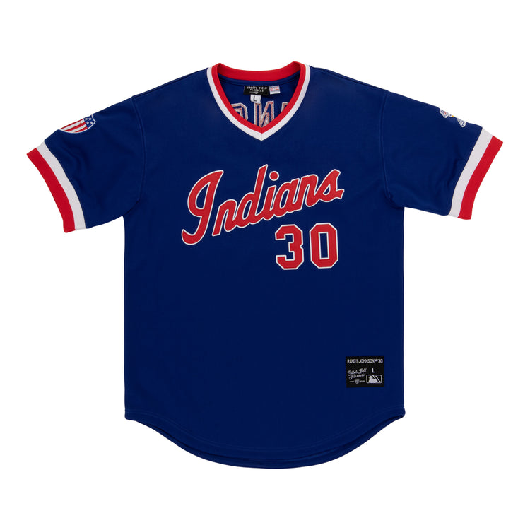 The EFF Indianapolis Indians EFF MiLB Vintage V-Neck Baseball Jersey - Randy Johnson features blue fabric, red and white Indians script, number 30 front, trim details, sleeve and lower patches—ideal for any Vintage Minor League collection.
