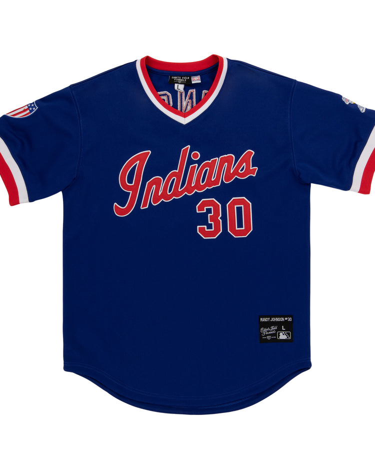 The EFF Indianapolis Indians EFF MiLB Vintage V-Neck Baseball Jersey - Randy Johnson features blue fabric, red and white Indians script, number 30 front, trim details, sleeve and lower patches—ideal for any Vintage Minor League collection.