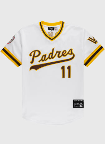 The EFF Walla Walla Padres Mesh V-Neck Jersey features a white design with yellow and brown trim, Padres script on the chest, number 11, and sleeve logo patches—reminiscent of Ozzie Smiths classic style.