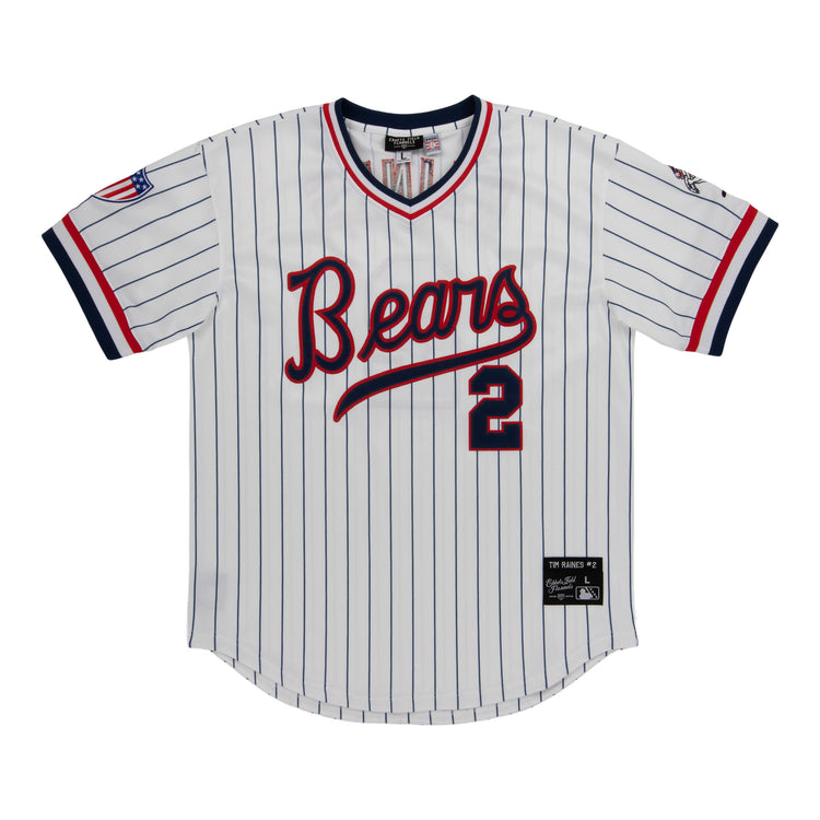The Denver Bears EFF MiLB Vintage V-Neck Baseball Jersey features thin blue pinstripes, “Bears” in red script across the chest, a large number 2, and red, blue, and white sleeve/collar accents—a classic from EFF.