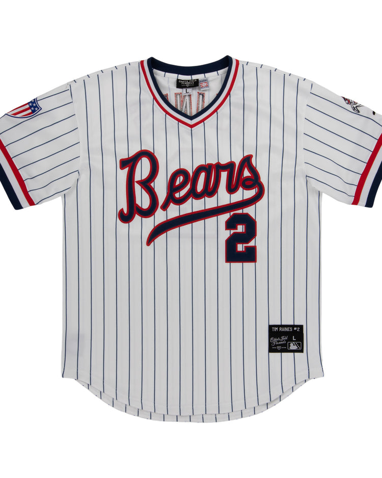 The Denver Bears EFF MiLB Vintage V-Neck Baseball Jersey features thin blue pinstripes, “Bears” in red script across the chest, a large number 2, and red, blue, and white sleeve/collar accents—a classic from EFF.