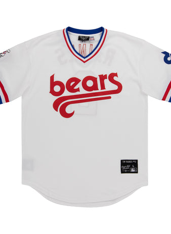 The Denver Bears EFF MiLB Vintage V-Neck Baseball Jersey by EFF is white with bears in red script on the front, blue and red sleeve/collar stripes, and a black patch near the bottom hem.