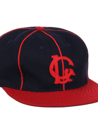 The EFF Lincoln Giants 1911 Vintage Ballcap features navy blue fabric with bright red stitching, brim, button, and a red interlocking C and G logo on the front, inspired by classic Negro League memorabilia.