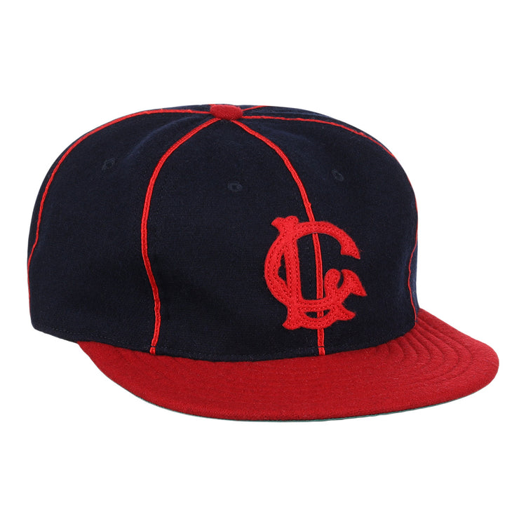 The EFF Lincoln Giants 1911 Vintage Ballcap features navy blue fabric with bright red stitching, brim, button, and a red interlocking C and G logo on the front, inspired by classic Negro League memorabilia.
