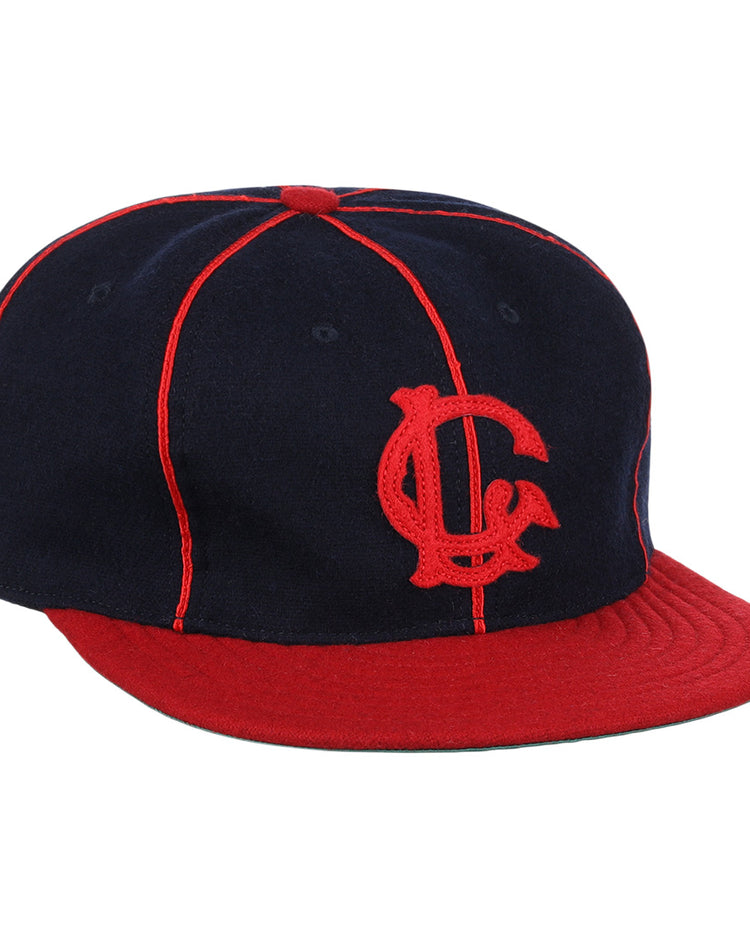 The EFF Lincoln Giants 1911 Vintage Ballcap features navy blue fabric with bright red stitching, brim, button, and a red interlocking C and G logo on the front, inspired by classic Negro League memorabilia.