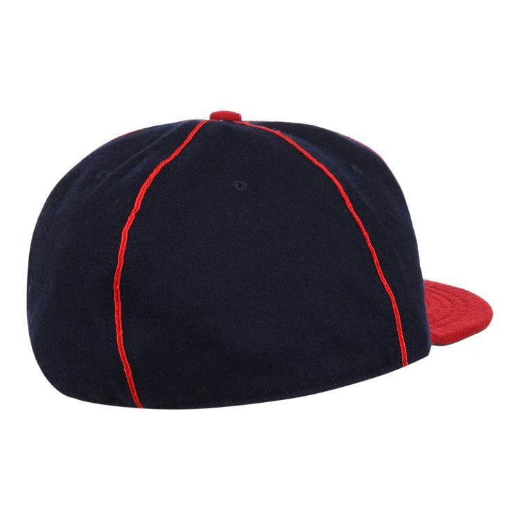 The EFF Lincoln Giants 1911 Vintage Ballcap features a navy blue design with red stitching and a red brim, shown from the back and side—a tribute to cherished Negro League memorabilia.