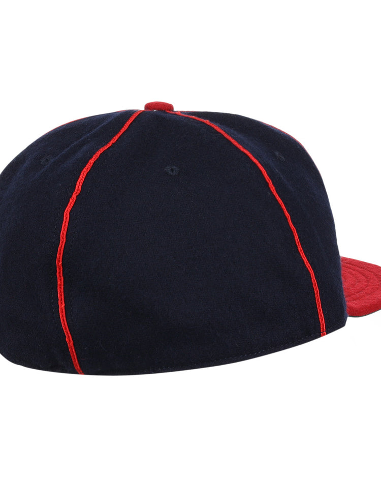 The EFF Lincoln Giants 1911 Vintage Ballcap features a navy blue design with red stitching and a red brim, shown from the back and side—a tribute to cherished Negro League memorabilia.