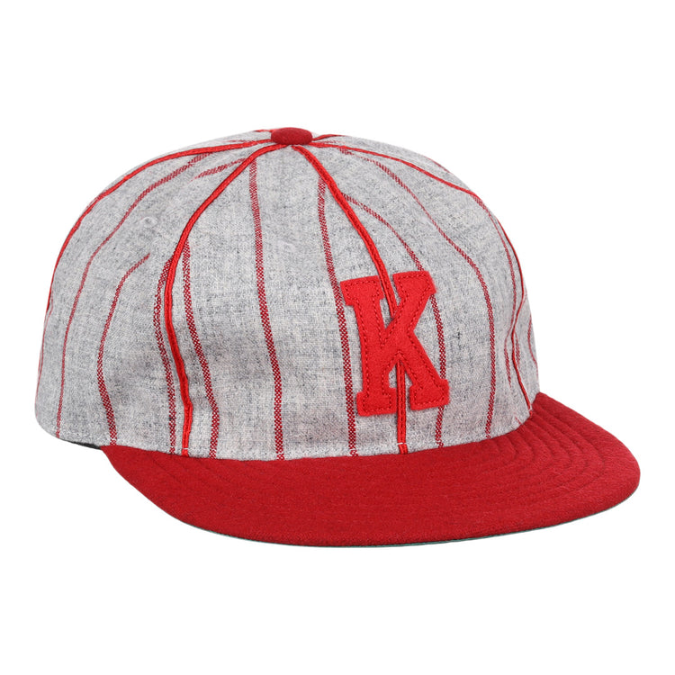 The EFF Knoxville Giants 1920 Vintage Ballcap features vintage wool, vertical red stripes, a red brim and button, and a bold red K on the front, inspired by the 1920 team’s classic style.