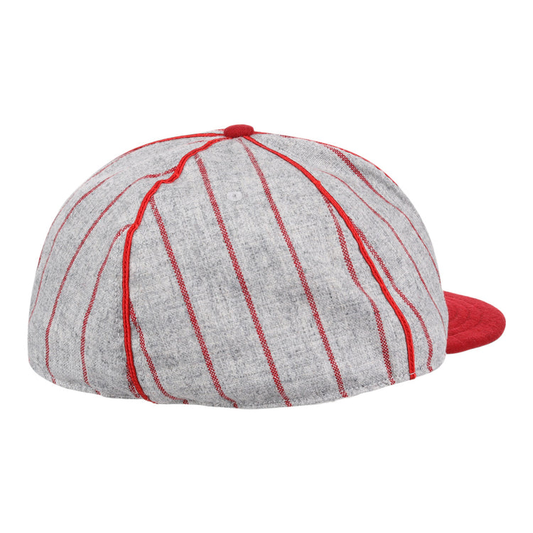 The EFF Knoxville Giants 1920 Vintage Ballcap is a grey wool cap with red vertical stripes and a red brim, inspired by the original 1920 design, shown here from the back.