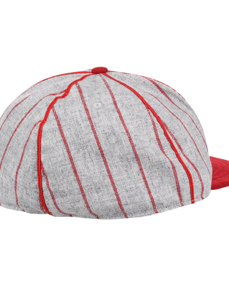 The EFF Knoxville Giants 1920 Vintage Ballcap is a grey wool cap with red vertical stripes and a red brim, inspired by the original 1920 design, shown here from the back.