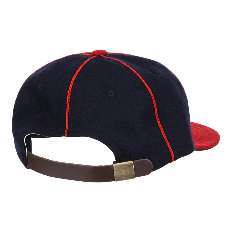 The EFF Lincoln Giants 1911 Vintage Ballcap features navy blue and red panels, red stitching, a brown adjustable strap, and brass buckle at the back—a classic nod to Negro League memorabilia.