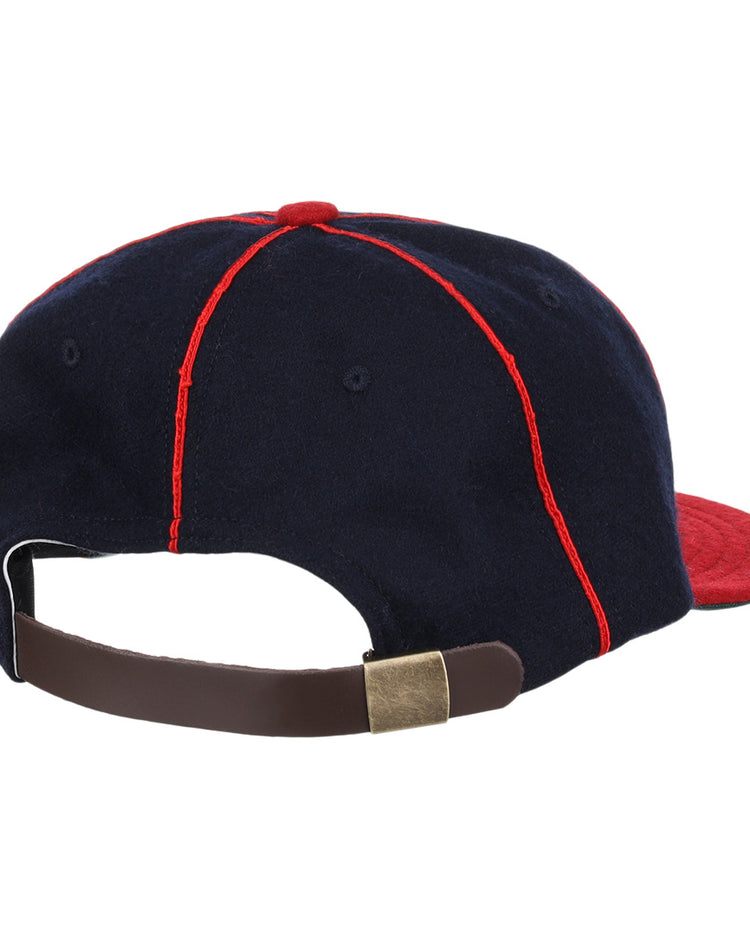 The EFF Lincoln Giants 1911 Vintage Ballcap features navy blue and red panels, red stitching, a brown adjustable strap, and brass buckle at the back—a classic nod to Negro League memorabilia.