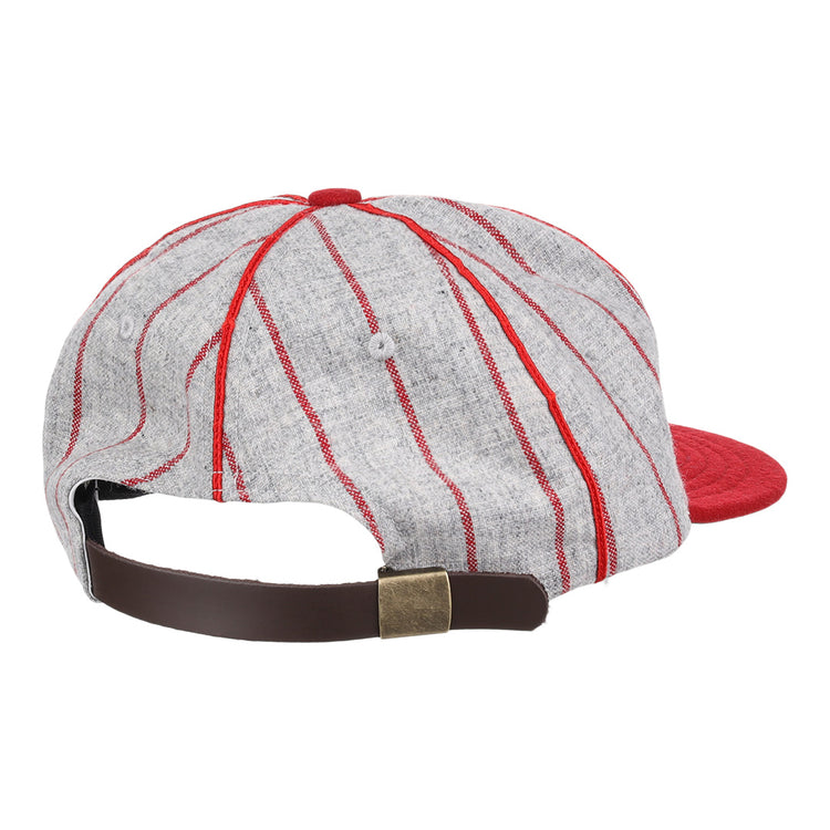 The EFF Knoxville Giants 1920 Vintage Ballcap features gray wool with red stripes, a red button and brim, plus a brown adjustable strap and brass buckle—classic Negro Southern League style.