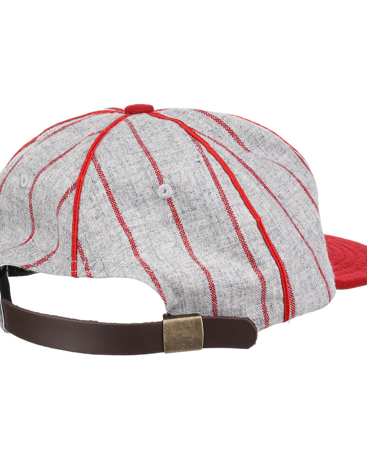The EFF Knoxville Giants 1920 Vintage Ballcap features gray wool with red stripes, a red button and brim, plus a brown adjustable strap and brass buckle—classic Negro Southern League style.