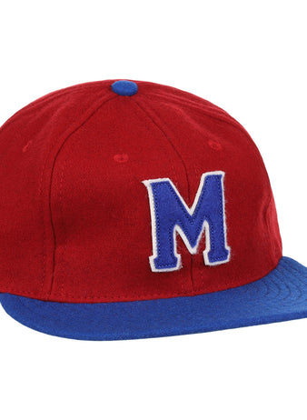 The EFF Memphis Red Sox 1946 Vintage Ballcap features a red wool crown, blue visor, bold blue M outlined in white, and a blue button on top—authentic details inspired by the classic Negro Leagues team.