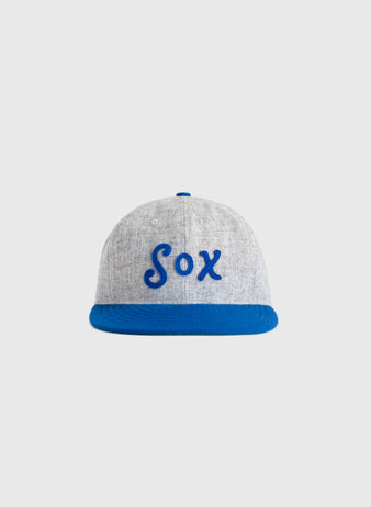 The EFF Montgomery Grey Sox 1916 Vintage Ballcap is a gray cap with a blue brim and Sox in blue on the front, inspired by the 1916 Negro Southern League team, shown against a plain white background.