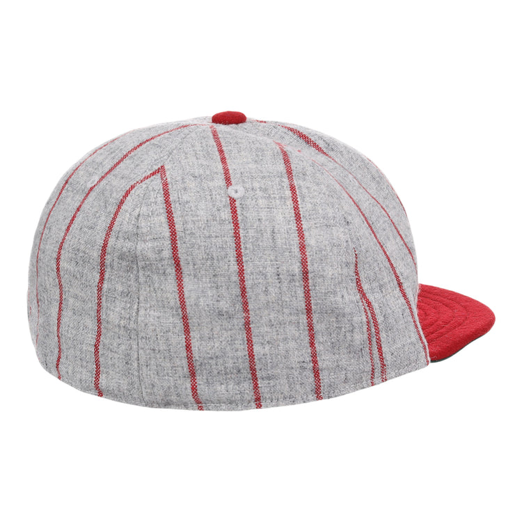 The EFF Indianapolis ABCs 1916 Vintage Ballcap features gray fabric with red vertical pinstripes, a solid red brim, and a red top button. Displayed from the back and slightly to the side.