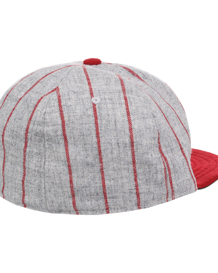 The EFF Indianapolis ABCs 1916 Vintage Ballcap features gray fabric with red vertical pinstripes, a solid red brim, and a red top button. Displayed from the back and slightly to the side.
