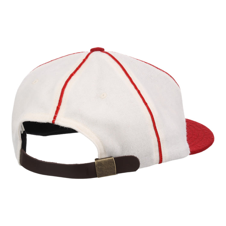 The EFF Washington Elite Giants 1936 Vintage Ballcap is shown from the back with white fabric, red seams, a red brim, and an adjustable brown strap with a brass-colored buckle.