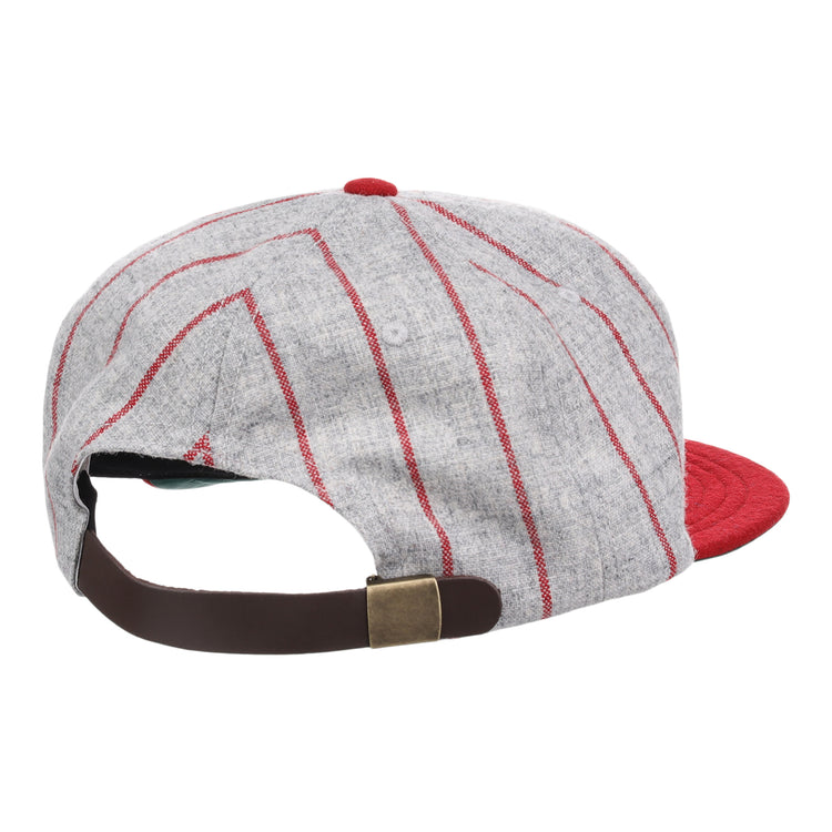 The EFF Indianapolis ABCs 1916 Vintage Ballcap features gray and red stripes, a red brim and button, a brown adjustable strap with brass buckle, and is inspired by classic Negro Leagues style.