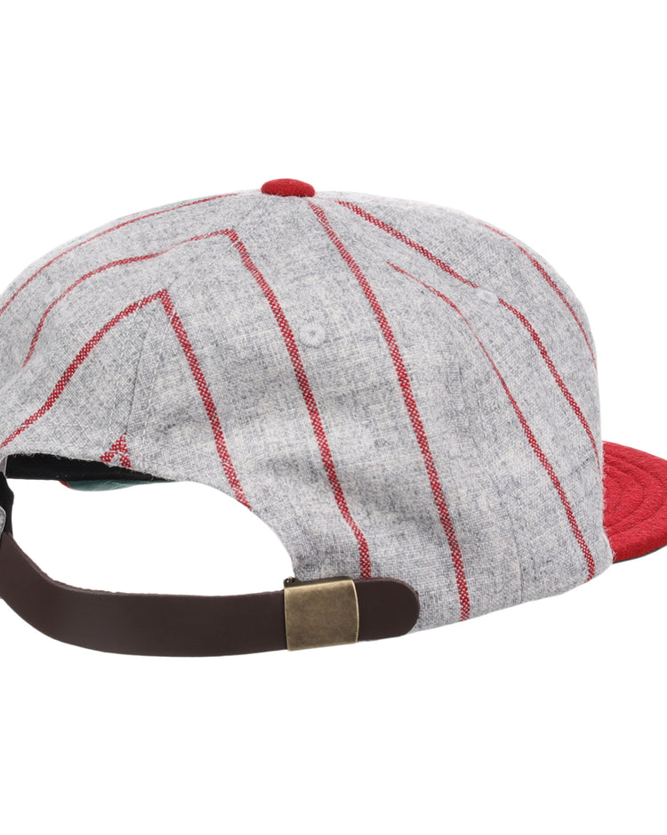 The EFF Indianapolis ABCs 1916 Vintage Ballcap features gray and red stripes, a red brim and button, a brown adjustable strap with brass buckle, and is inspired by classic Negro Leagues style.