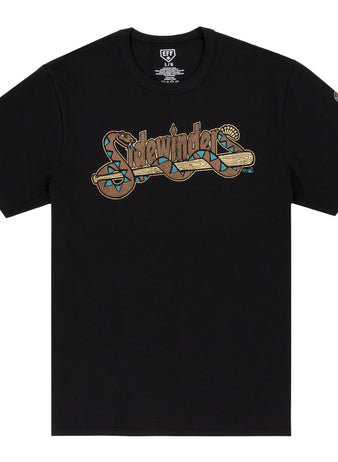 The Tucson Sidewinders EFF MiLB Vintage T-Shirt by Ebbets Field Flannels features a black design with a stylized rattlesnake graphic spelling out Sidewinder in tan, brown, and blue—perfect for vintage minor league fans.