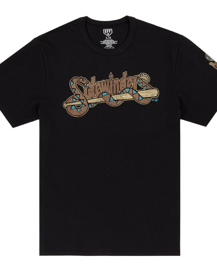 The Tucson Sidewinders EFF MiLB Vintage T-Shirt by Ebbets Field Flannels features a black design with a stylized rattlesnake graphic spelling out Sidewinder in tan, brown, and blue—perfect for vintage minor league fans.