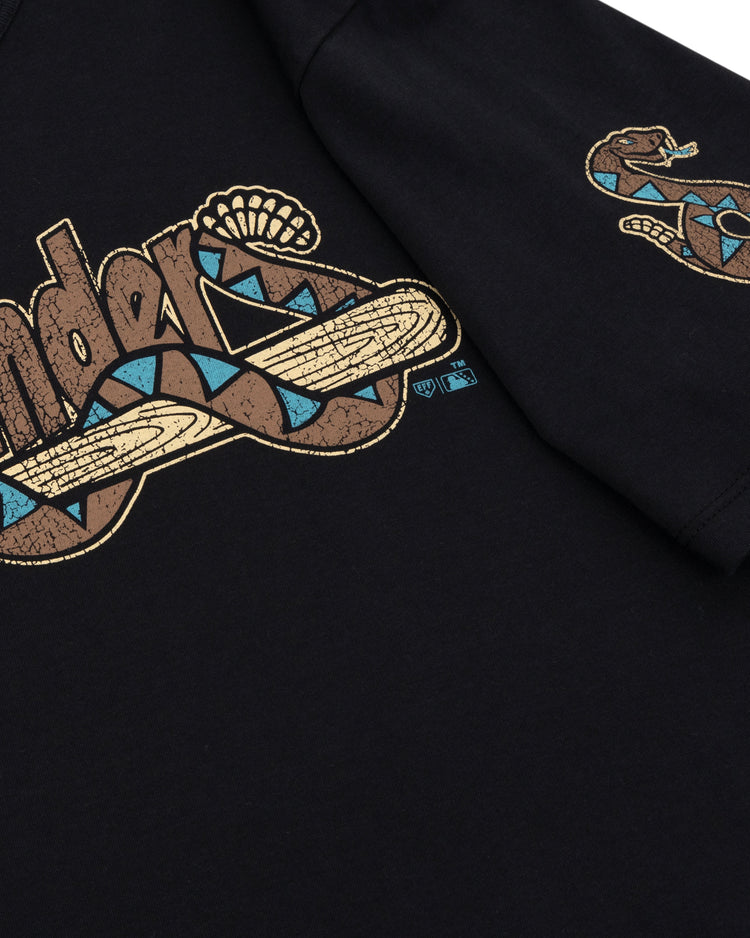 The Tucson Sidewinders EFF MiLB Vintage T-Shirt by Ebbets Field Flannels is a black tee featuring a stylized rattlesnake with blue and tan geometric patterns, Winders text, and a small snake graphic on the sleeve.
