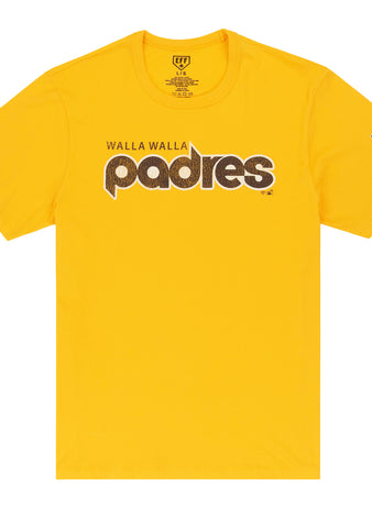 The Walla Walla Padres EFF MiLB Vintage T-Shirt by Ebbets Field Flannels is a bright yellow premium cotton tee featuring Walla Walla Padres in brown and white on the front, plus a brown stylized W logo on the left sleeve.
