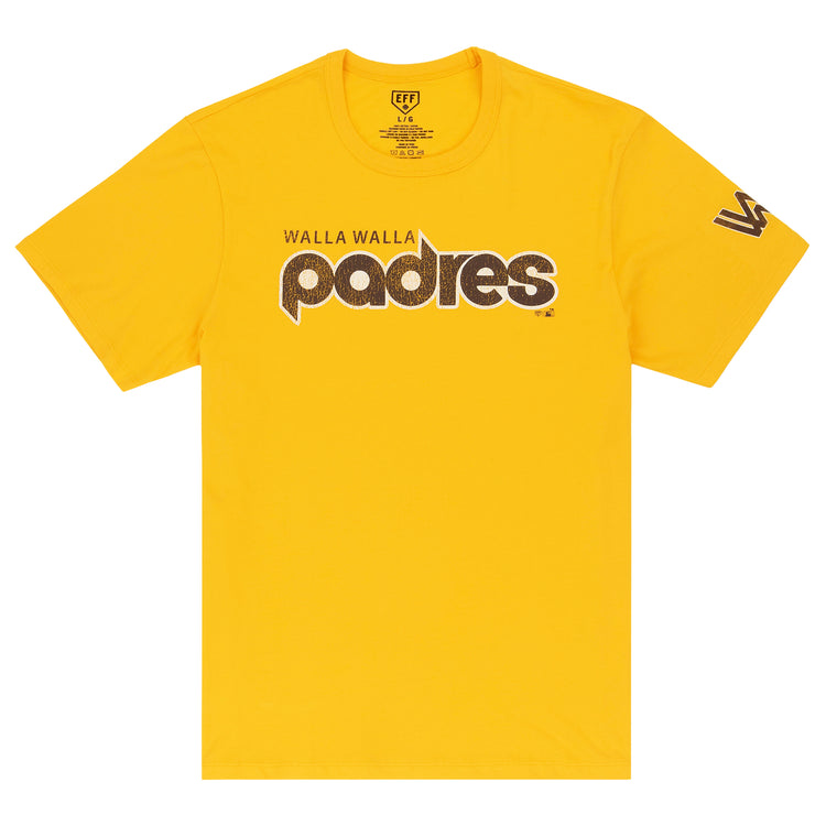The Walla Walla Padres EFF MiLB Vintage T-Shirt by Ebbets Field Flannels is a bright yellow premium cotton tee featuring Walla Walla Padres in brown and white on the front, plus a brown stylized W logo on the left sleeve.