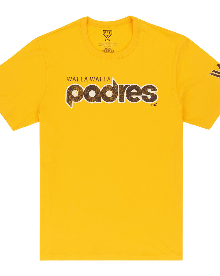 The Walla Walla Padres EFF MiLB Vintage T-Shirt by Ebbets Field Flannels is a bright yellow premium cotton tee featuring Walla Walla Padres in brown and white on the front, plus a brown stylized W logo on the left sleeve.