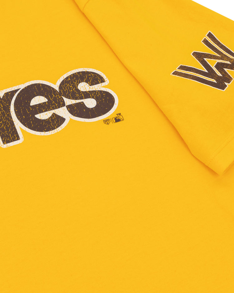 Close-up of the Ebbets Field Flannels Walla Walla Padres EFF MiLB Vintage T-Shirt in yellow premium cotton, showcasing a distressed Padres logo on the front and a bold W graphic on the sleeve, inspired by Minor League vintage style.