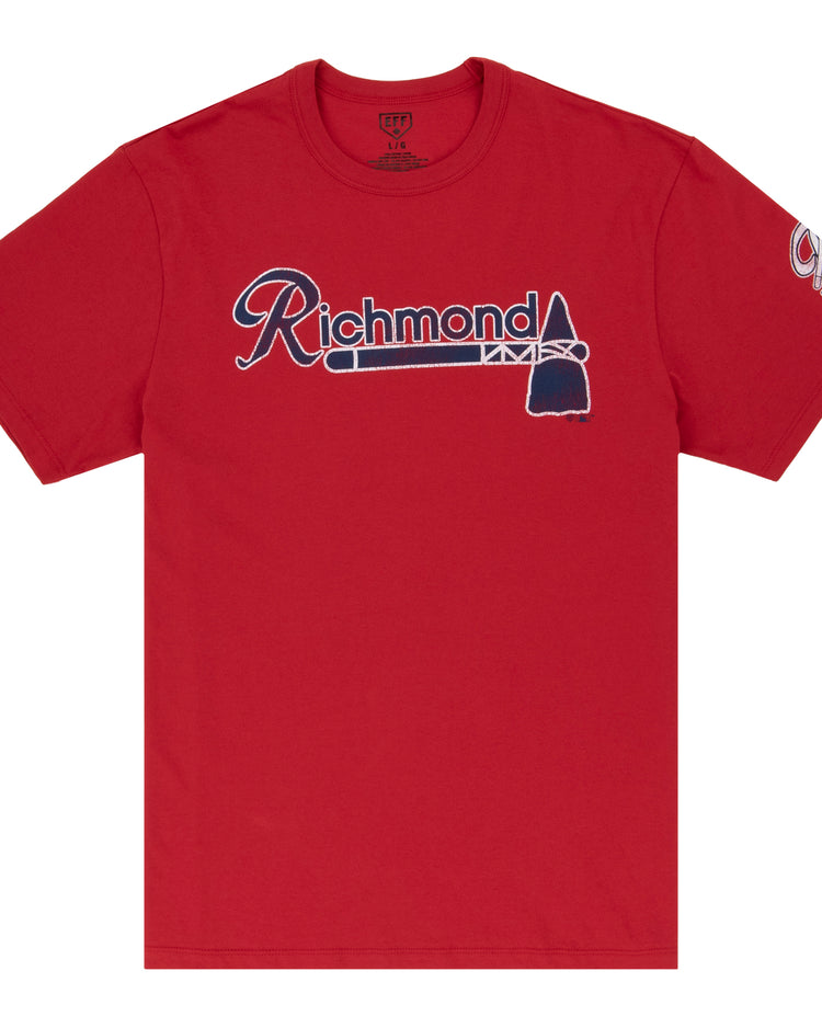 The Ebbets Field Flannels Richmond Braves EFF MiLB Vintage T-Shirt is a red tee with Richmond in script and a tomahawk design, inspired by vintage minor league style and honoring the historic Richmond Braves.