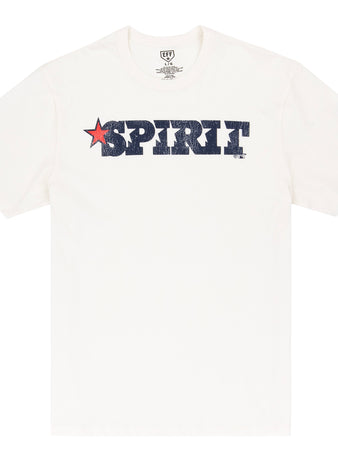 The Ebbets Field Flannels San Bernardino Spirit EFF MiLB Vintage T-Shirt is crafted from premium cotton and features bold distressed navy SPIRIT text with a red star over the I and a red/navy Spirit star logo on the right sleeve.