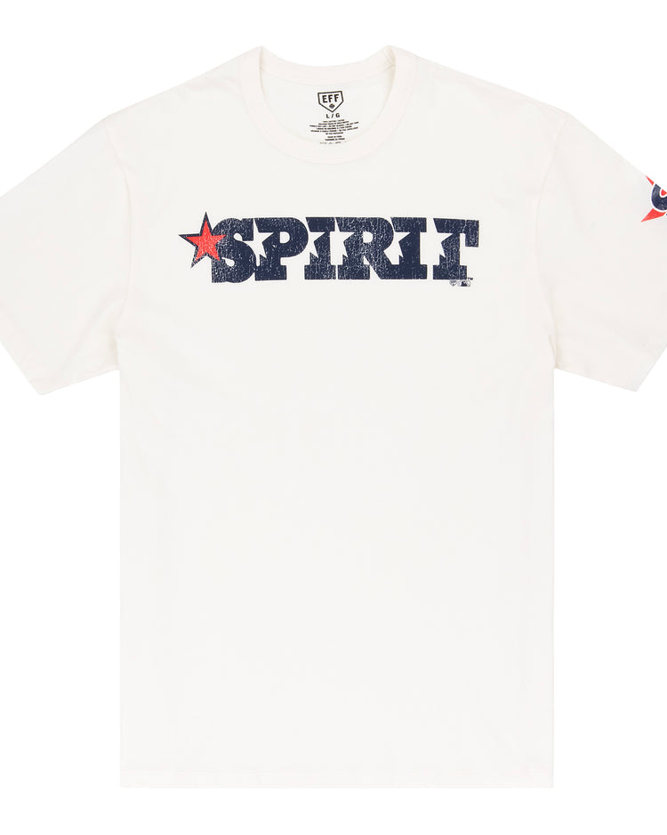The Ebbets Field Flannels San Bernardino Spirit EFF MiLB Vintage T-Shirt is crafted from premium cotton and features bold distressed navy SPIRIT text with a red star over the I and a red/navy Spirit star logo on the right sleeve.