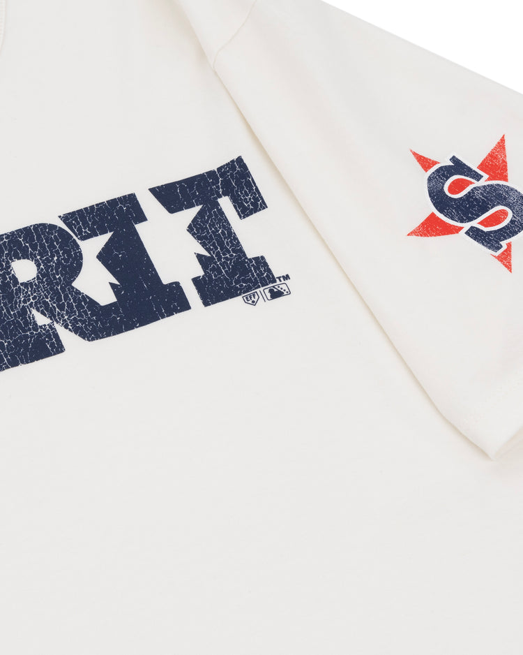 The Ebbets Field Flannels San Bernardino Spirit EFF MiLB Vintage T-Shirt is crafted from premium cotton, features SPIRIT in distressed navy letters, and a red star with a blue S on the sleeve—a nod to vintage Minor League style.