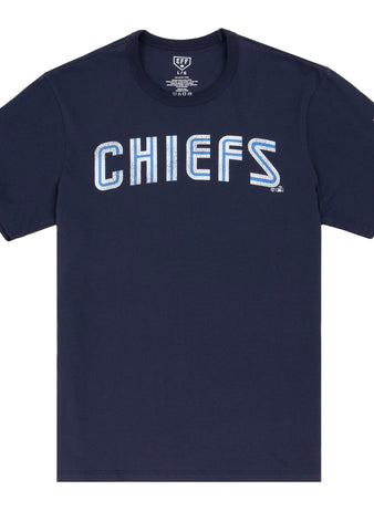 Show your team spirit with the Syracuse Chiefs EFF MiLB Vintage T-Shirt by Ebbets Field Flannels, featuring bold CHIEFS lettering and three white bars on the sleeve—a classic pick for vintage Minor League fans.