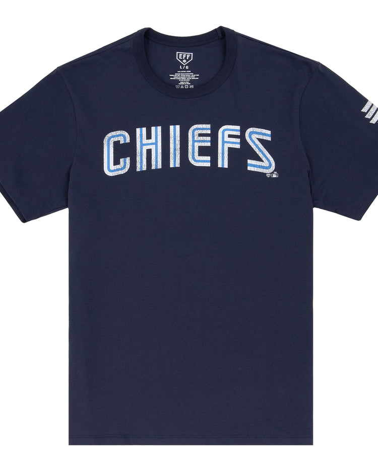 Show your team spirit with the Syracuse Chiefs EFF MiLB Vintage T-Shirt by Ebbets Field Flannels, featuring bold CHIEFS lettering and three white bars on the sleeve—a classic pick for vintage Minor League fans.